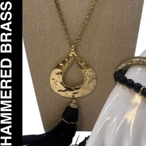 Bohemian Chic Hammered Gold & Black Tassel Jewelry Set - Necklace, Earrings Cuff